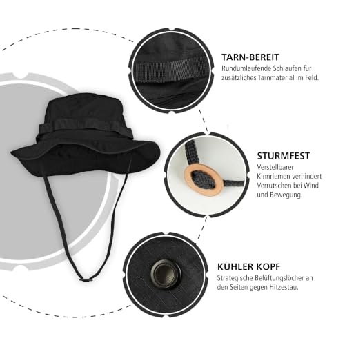 Mil-Tec Unisex Cotton Ripstop Boonie Hat - Durable Lightweight Tactical Outdoor Vented Wide Brim Hat w/Adjustable Chin Strap - color: Black, size: Medium