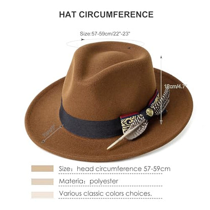 Classic Wide Brim Fedora Hats Wide Brim Felt Dress Hat for Men - color: Classic Light Coffee