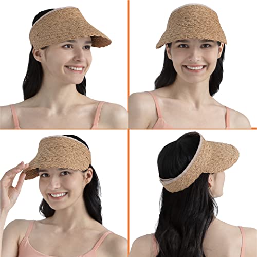 SUN CUBE Women Sun Visor Hat, Straw Beach Hat Wide Brim UV Protection, Foldable Packable Cap, Roll Up Ponytail Summer Visor - color: Brown