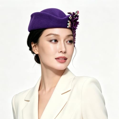 Women's Retro British Felt Headscarf Hat Church Derby Headdress with Floral Women's Soft Beret - color: 02 Deep Eggplant Purple