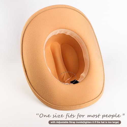 AQOKKA Western Cowboy Hats for Women Classic Felt Wide Brim Fedora Hat with Belt Buckle Retro Panama Hat Unisex Rolled up Cap - color: 1 Pc Fedora Hat : Camel