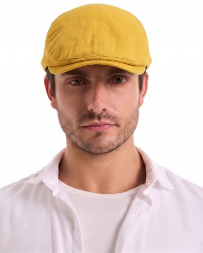 ZLYC Men Summer Flat Cap Scally Ivy Gatsby Newsboy Beret Driver Hat - color: Solid Yellow