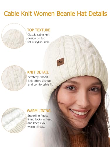 Winter Hats for Women Cable Knit Chunky Skull Cap Fleece Lined Thick Fold Cuff Beanie hat - color: White, style: Wheat Spike