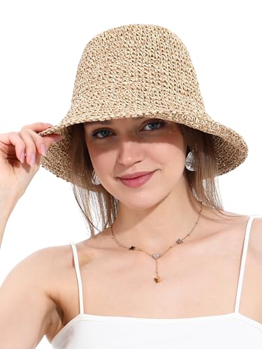 Womens Sun Hat Handmade Crochet Straw Bucket for Summer Foldable Travel Cap - color: Beige & Coffee