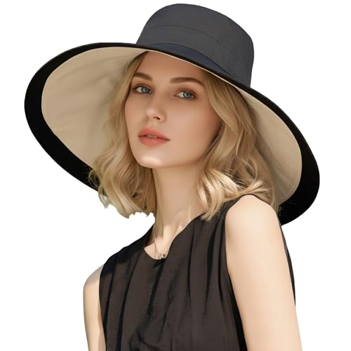 Wide Brim Sun Hat for Women Reversible Beach Hats Metal Wired Edge Gardening Hats, UPF 50+ Bucket Summer Hat - color: Black Beige