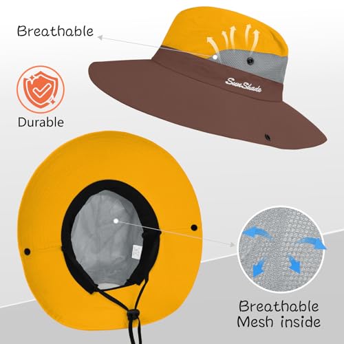 ZOORON Women's Ponytail Safari Sun Hat,Wide Brim UV Protection Bucket Hat - color: 1-yellow