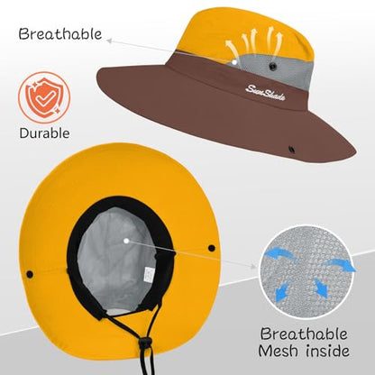 ZOORON Women's Ponytail Safari Sun Hat,Wide Brim UV Protection Bucket Hat - color: 1-yellow