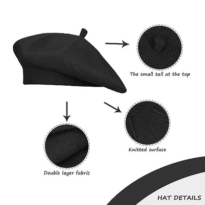 Gllutt Beret Hat French Style Stretchy Knitting Solid Color Both Side Usable - color: Black