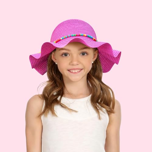 Girls Straw Hat with Flower Round Sunglasses, Summer Foldable Large Brim Sunflower Bowknot Beach Toddler Straw Sun Hat, 2-6T - color: Hot Pink