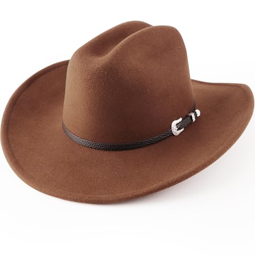 AQOKKA Western Cowboy Hats for Women Classic Felt Wide Brim Fedora Hat with Belt Buckle Retro Panama Hat Unisex Rolled up Cap - color: 1 Pc Fedora Hat : Khaki