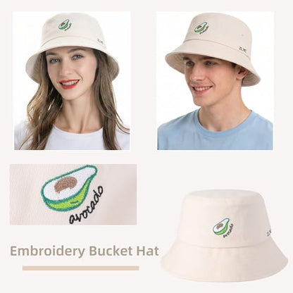 ZLYC Cotton Bucket Hat for Women Men Embroidered Packable Summer Sun Cap - color: Avocado Beige