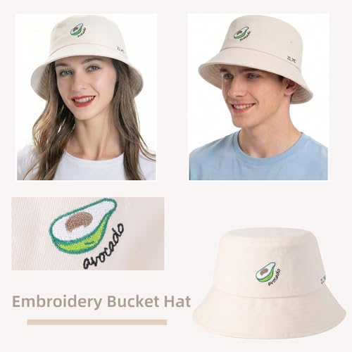 ZLYC Cotton Bucket Hat for Women Men Embroidered Packable Summer Sun Cap - color: Avocado Beige