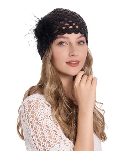 ZLYC Women Crochet Beanie Hat Summer Handmade Knit Decorated Skull Cap - color: Feather Black Mixed Brown Black