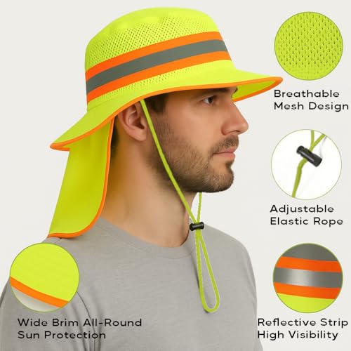 Men High Visibility Reflective Work Safety Sun Hat with Neck Flap Wide Brim Boonie UV Protection - color: 1pc Neon Lime