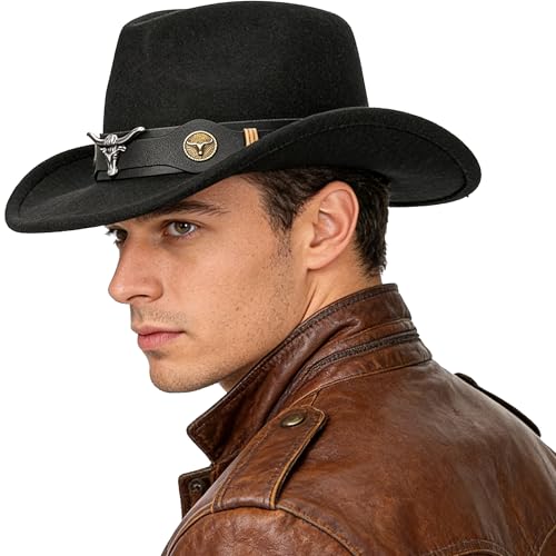 IZUS Women Sparkly-Rhinestone Western-Cowgirl-Hat Glitter-Bling Cowboy-Hat Felt-Rodeo-Hat for Disco-Party Medium/Large - color: Black-s3 Black Bull Strap