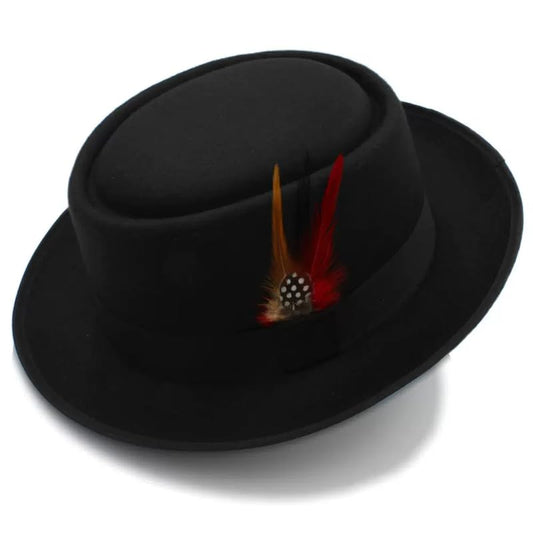 Classic Pork Pie Hat with Feathers Flat Top Fedora, Vintage Panama Hats, Warm Comfortable Jazz Cap - color: Black