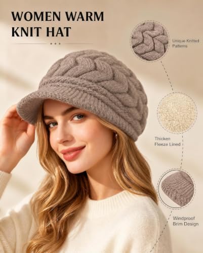 YSense 2 Pack Womens Winter Hats Warm Knit Beanie with Visor - color: Black Coffee