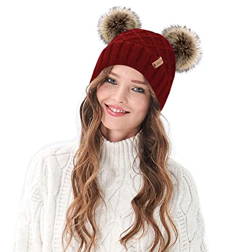 Arctic Paw Womens Winter Hat Cable Knit Beanie for Women Faux Fur Pompom Ears - color: Burgundy_grid