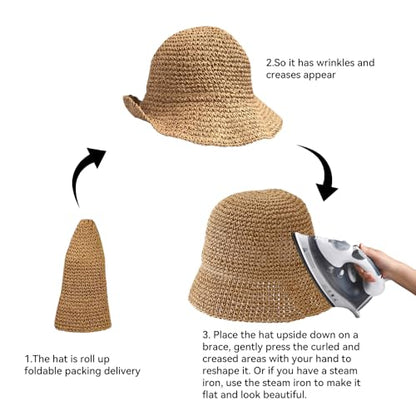 Women Sun Hat Hand-Woven Packable Beach Bucket Hat Summer Floppy UV Protection Hats - color: Khaki