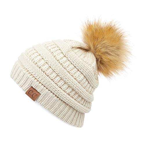 C.C Fur Pom Winter Fall Trendy Chunky Stretchy Cable Knit Beanie Hat - color: Solid Beige