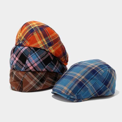 Classic Ivy Flat Plaid Newsboy Cap Adjustable Cotton Gatsby Cabbie Hat for Women Men - color: Black