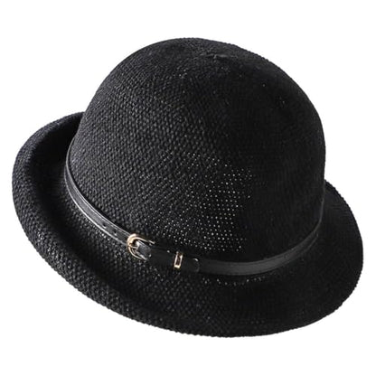 Women Beach Cloche Sun Bucket Hat Rolled Church Hat Folded Shipping - color: Belt/Black