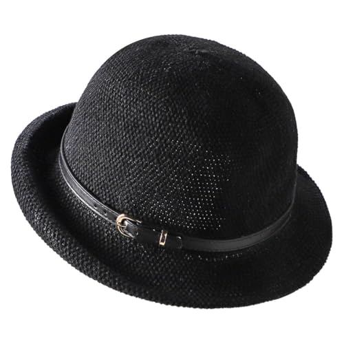 Women Beach Cloche Sun Bucket Hat Rolled Church Hat Folded Shipping - color: Belt/Black