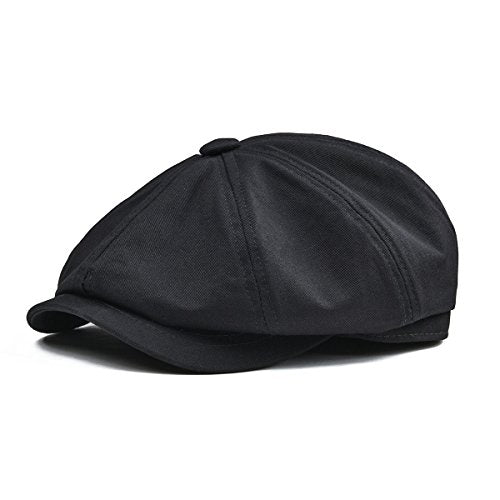 BOTVELA Men's Newsboy Flat Cap 100% Cotton Cabbie Hat - color: Black, size: 7 5/8