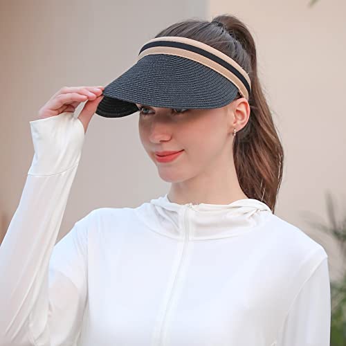 Women Summer Sun Hat Lady's Portable Beach Visor Bowknot Straw Hat - color: Black4