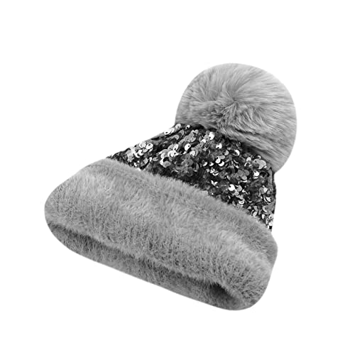 Women Sparkly Sequins Knitted Beanie Hat Warm Winter Skull Cap with Faux Fur Pom Pom - color: Gray