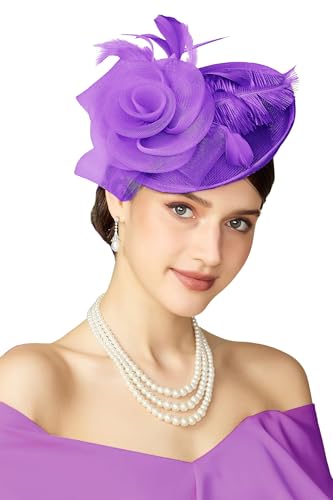 BABEYOND Fascinators Hats for Women Tea Party Mesh Flower Pillbox Derby Hat - color: Purple
