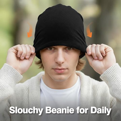 2 Pack Spring Slouchy Beanie for Men Women Lightweight Stacked Skull Cap Chemo Cap Night Sleeping Hat - color: Black+black