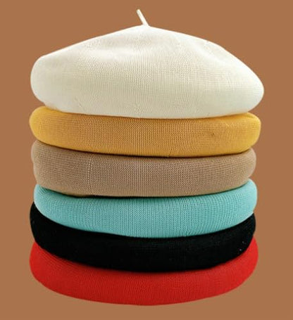 Epsion Women's Cotton Knitted Beret Hat Summer Breathable British Retro Artist Painter Hats Slouchy Solid Color Beanies - color: Pink