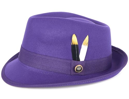 Fedora Hats for Men & Women Short Brim Felt hat Trilby Fedora with Feather Panama Dress Hat - color: Purple, size: Medium