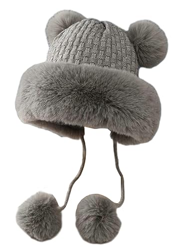Winter Pompom Beanie Hats Women Knit Womens Beanie Faux Fur Crochet Skull Cap Warm Bucket Outdoor Ear Cover - color: Grey