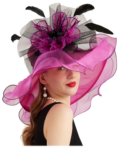 ORIDOOR Women Hats Headband Hairpin Organza Fascinator Church Hat Floral Tea Party Wedding Hat - color: 007 Rose Red
