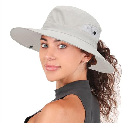 Womens Summer Sun Hat Beach Hat Wide Brim Outdoor UV Protection Bucket Hat - color: Solid Beige