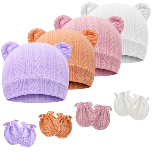 Newborn Baby Hat and Mittens Set Bear Ears Toddler Infant Beanie Caps Newborn Hospital Hat for Baby Boy Girl 0-3 Months - color: Wheat Patterned Bear Ear J