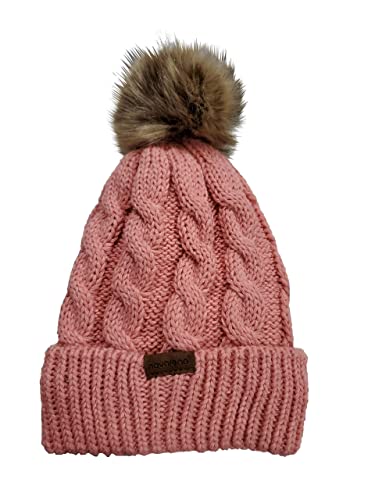 Novarena Thick Cable Knit Faux Fuzzy Fur Pom Fleece Lined Skull Cap Cuff Beanie - color: Coral Pink Pom Beanie