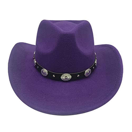 Classic Western Cowboy Hat Cowgirl Hat Unisex Men's & Women's Wide Brim Felt Fedora Hat Flat Top with Buckle Belt - color: Purple, size: 7 1/4-7 1/2