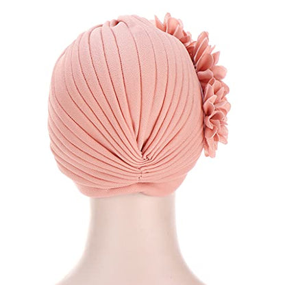 Flower Pre-Tied Turban Beanie, Soft Chemo Cap for Women Cancer Hair Loss - color: Light Pink