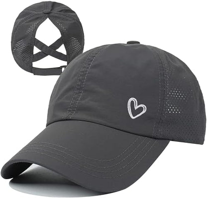 Womens Criss Cross Ponytail Hat Quick Drying Baseball Cap Sun Hats UV Protection Sport Cap - color: Dark Grey With Heart
