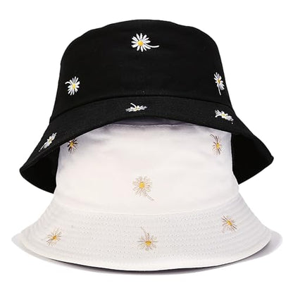 Womens Embroidered Daisy Bucket Hat Reversible Packable Beach Sun Hat - color: Daisy White/Plain White