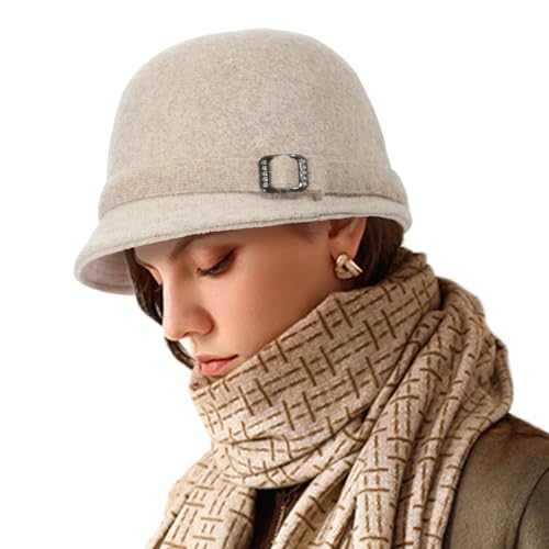 Winter Cloche 100% Wool Bucket Hat for Women Elegant Dress 1920s Vintage Fedora Hats Church Derby Party Fashion - color: 2beige