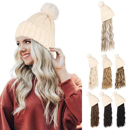 Flufymooz FLmaozi Beanie Wig, Hat Hair Extension Long Wavy White Hat Wig with Faux Fur Pom Hat, wig hat Attached 20 Inch Synthetic Hairpiece for Women Girls Winter (Light Blonde with White Blonde) - color: White Hat-light Blonde With White Blonde Highligh