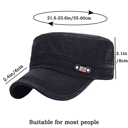 Unisex Cadet Army Cap Adjustable Flat Top Cap Washed Cotton Military Hat Baseball Cap - color: Black Navy