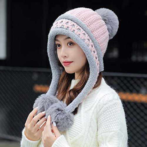HUAMULAN Women Winter Peruvian Beanie Hat Ear Flaps Fleece Lining - color: Pink Grey