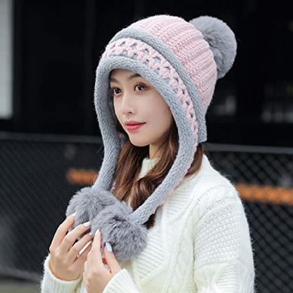HUAMULAN Women Winter Peruvian Beanie Hat Ear Flaps Fleece Lining - color: Pink Grey