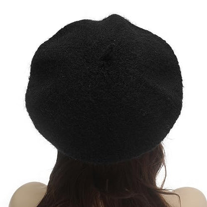 ZLYC Women French Beret Hat Winter Knitted Stretchable Beret Artist Cap - color: Plain Black