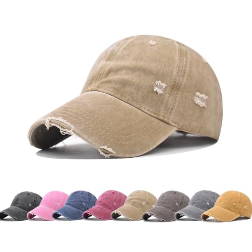 YuMENo Distressed Baseball Cap for Women Men Vintage Washed Cotton Low Profile Adjustable Dad Hats - color: Khaki